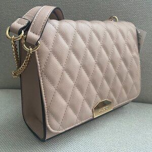Aldo Rose Dust Quilted Front Flap Leather Handbag w/ Leather & Gold Chain Strap